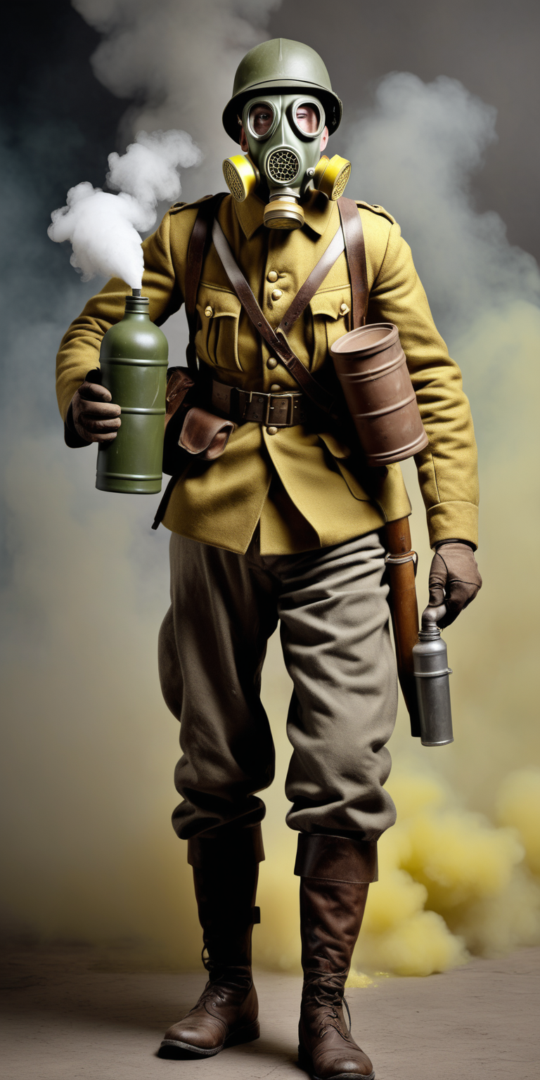 Realistic muscular WW1 soldier with a gas mask holding mustard gas