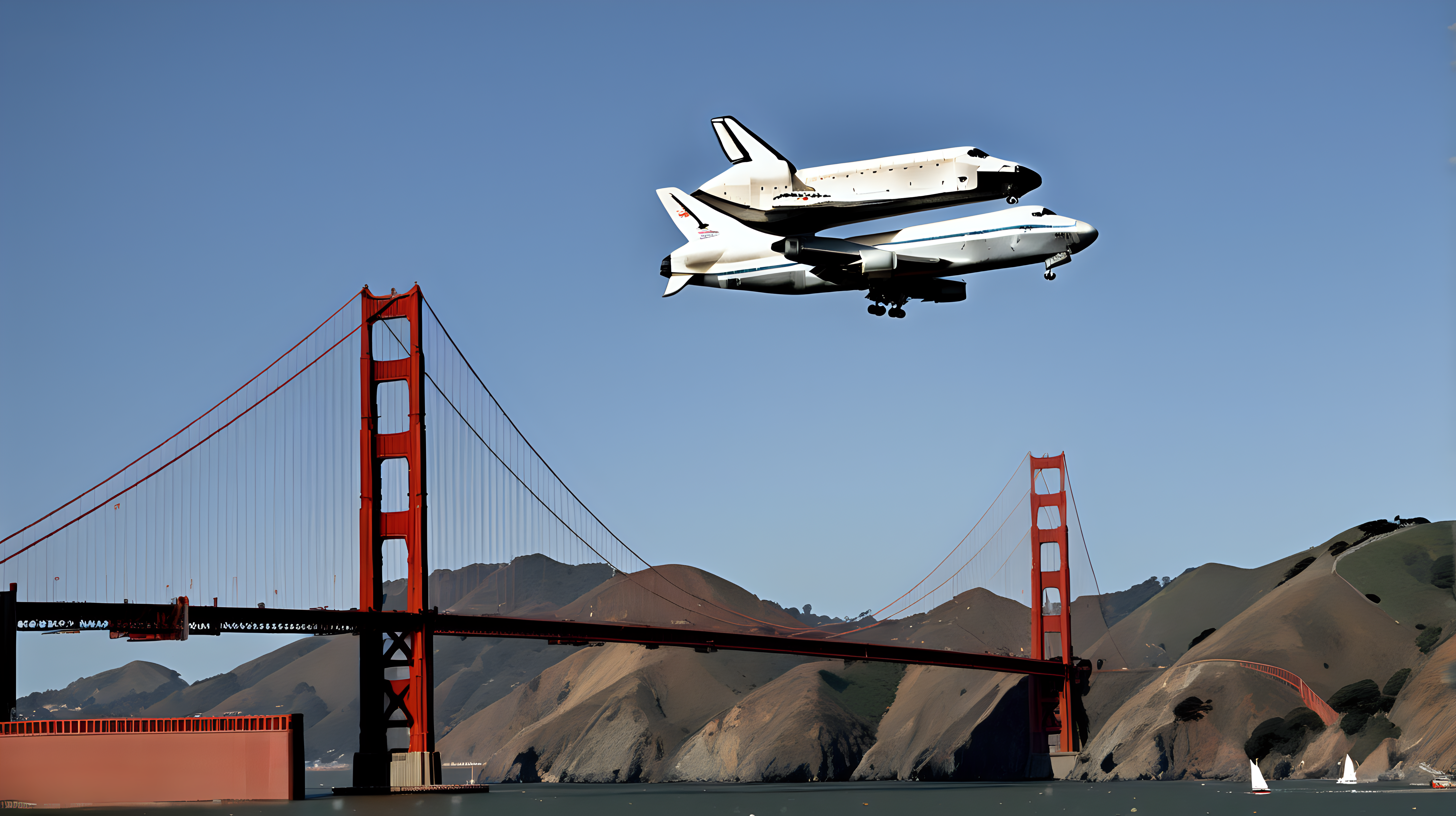 space shuttle flying over Golden Gate bridge