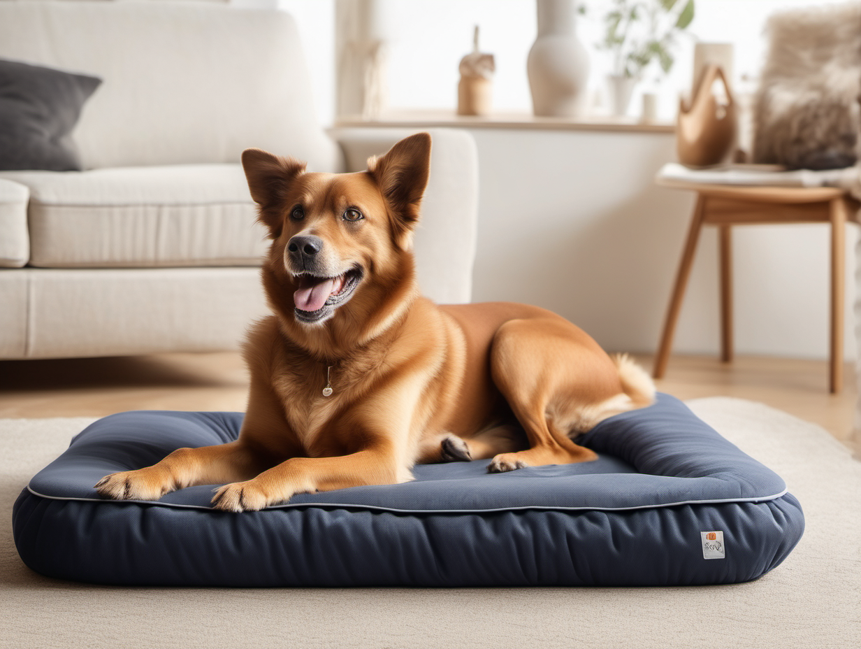 Create an image of a dog relaxing on the soft, flat, thin dog mattress in the living room. The matters shape is oval,   the color is navy. The dog is young, of a large size, looks happy and relaxed, with the tongue out, laying on the cover sideways to the camera, looking to the right, turned away from the camera. The color of dog is beige. The room is sunlit, the weather outside is bright and sunny.
