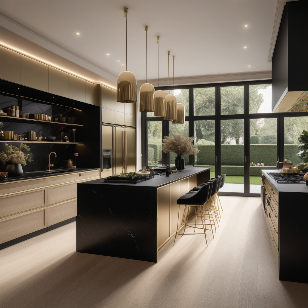 a hyperrealistic of an elegant Modern Parisian estate home kitchen with island, mood lighting, floor to ceiling windows with a view of the manicured gardens, in a beige oak brass and black colour palette 
