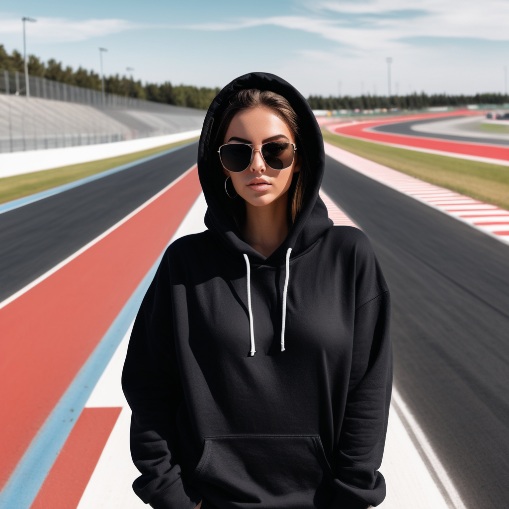 hot girl with sunglasses on and an oversized black PLAIN hoodie facing straight on a race track and shes standing 5 feet away