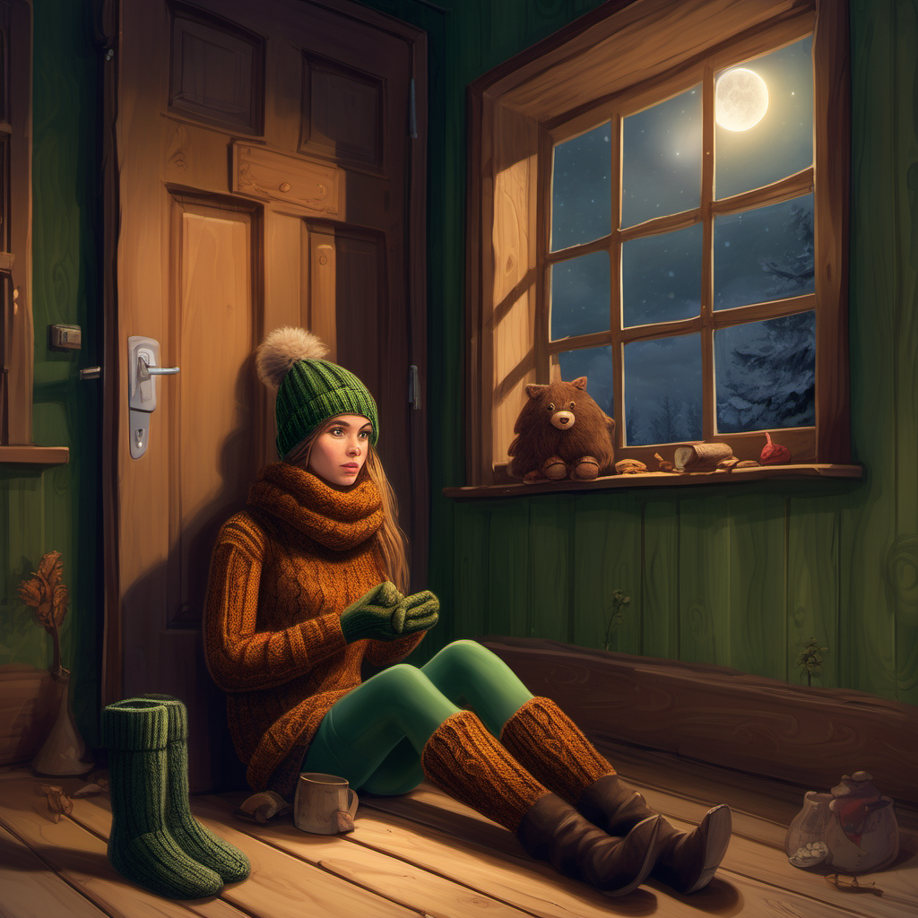 Hot women with long hair tied in a ponytail and green eyes. She is sitting on the floor in a country house with a wooden floor. It is a winter evening. Wood is burning in the stove, through the windows you can see night and trees in the distance. The moon shines brightly in the sky. It feels cold and quiet. The wooden door of the house can be seen next to the window. A knitted scarf, hat, gloves and a double-barreled shotgun hang from it. On the floor next to the door is a pair of rubber boots, knitted socks. Next to them a pair of low galoshes.
Around the girl are unfinished knitting. She is wearing a brown hand-knitted thick woolen sweater. Tight on her body.  Her legs are 
 in thick black elastic leggings. He wears two pairs of socks. Brown hand knitted wool socks and under other knitted socks.  Door is old and dusty.
