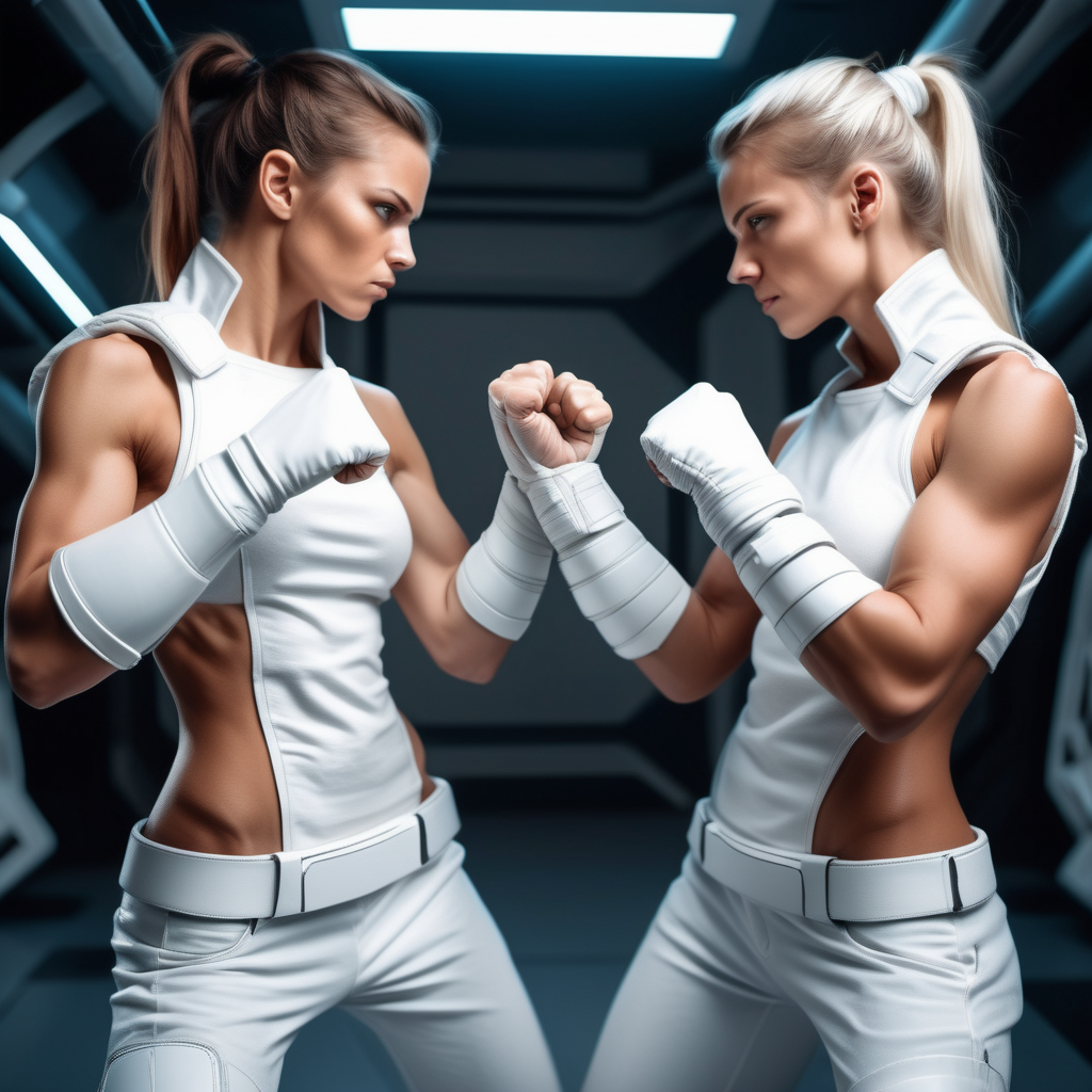Tomboy muscular girls sci-fi futuristic with white cloth wrapped fists  topless fighting