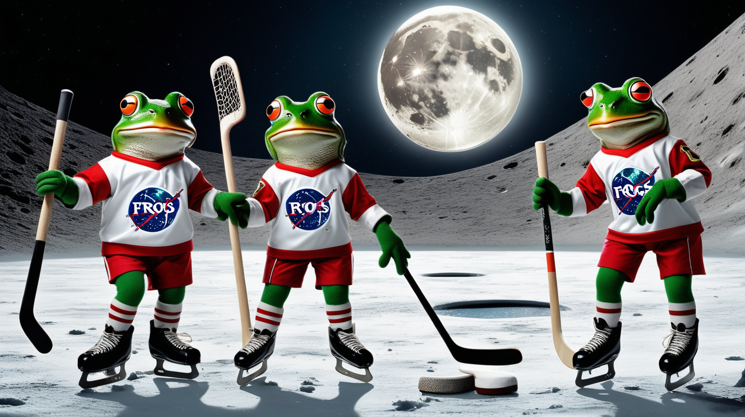 frogs dressed in uniforms and ice skates playing hockey on the moon