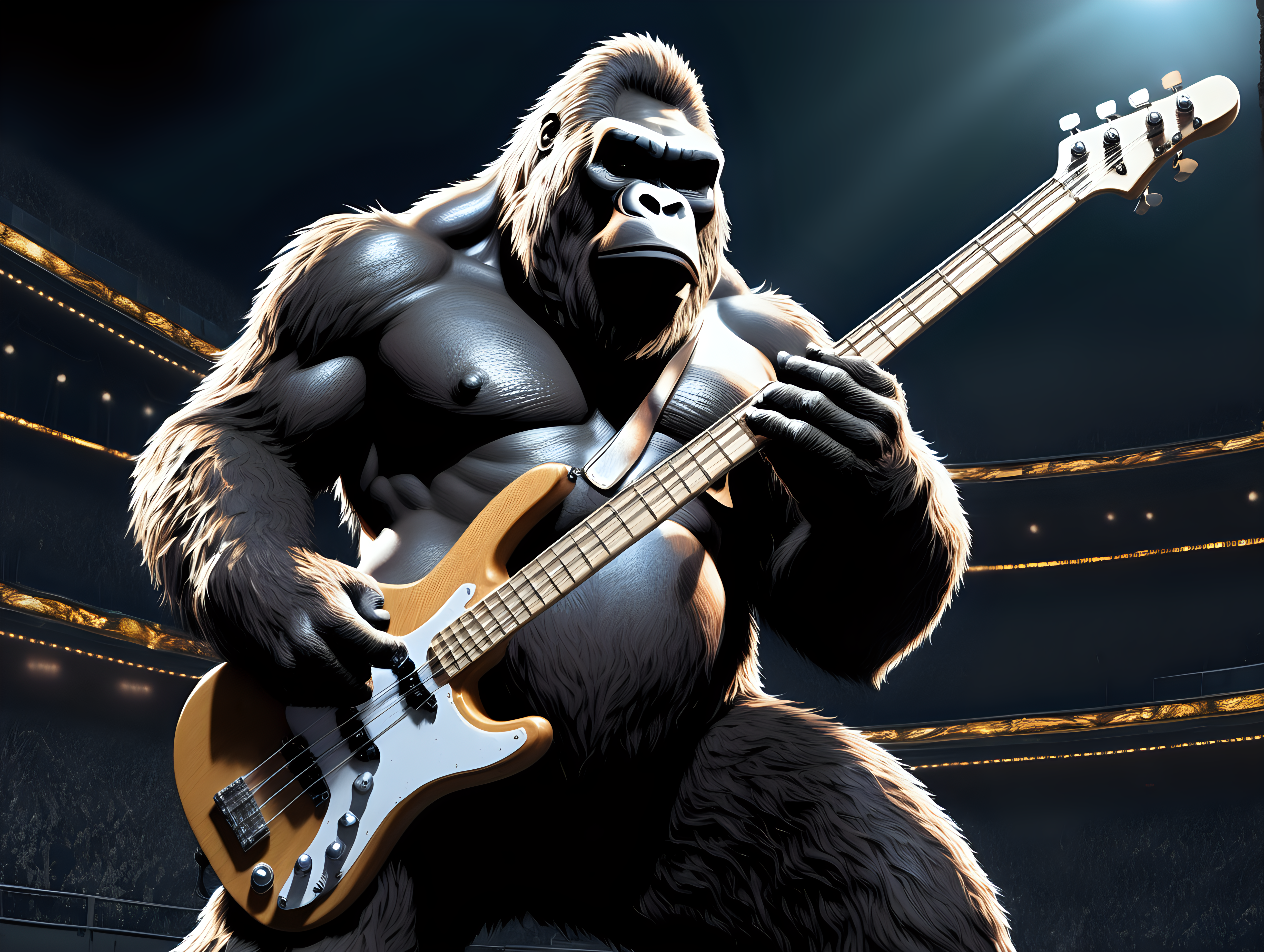 King Kong playing bass guitar in an arena at night