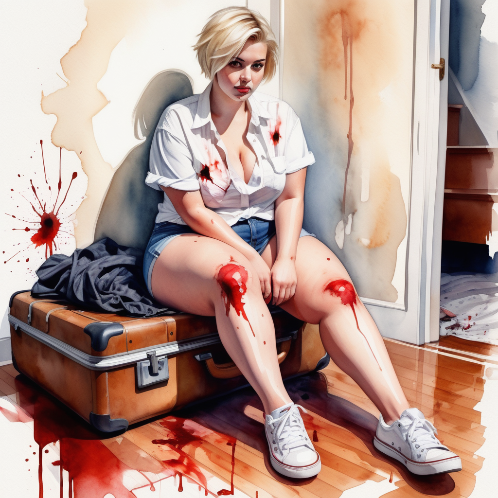 sexy curvy blonde woman, short hair, wide hips and big ass, white shirt, denim shorts and sneakers on her feet, with a knife in her blood-stained hand, sitting with her legs open on top of a large suitcase lying on the floor of a living room in a house, image based in watercolor paint.