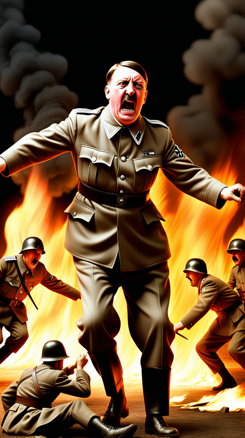 adolf hitler aggressively fights his soldiers let the image be surrounded by darkness and fire
