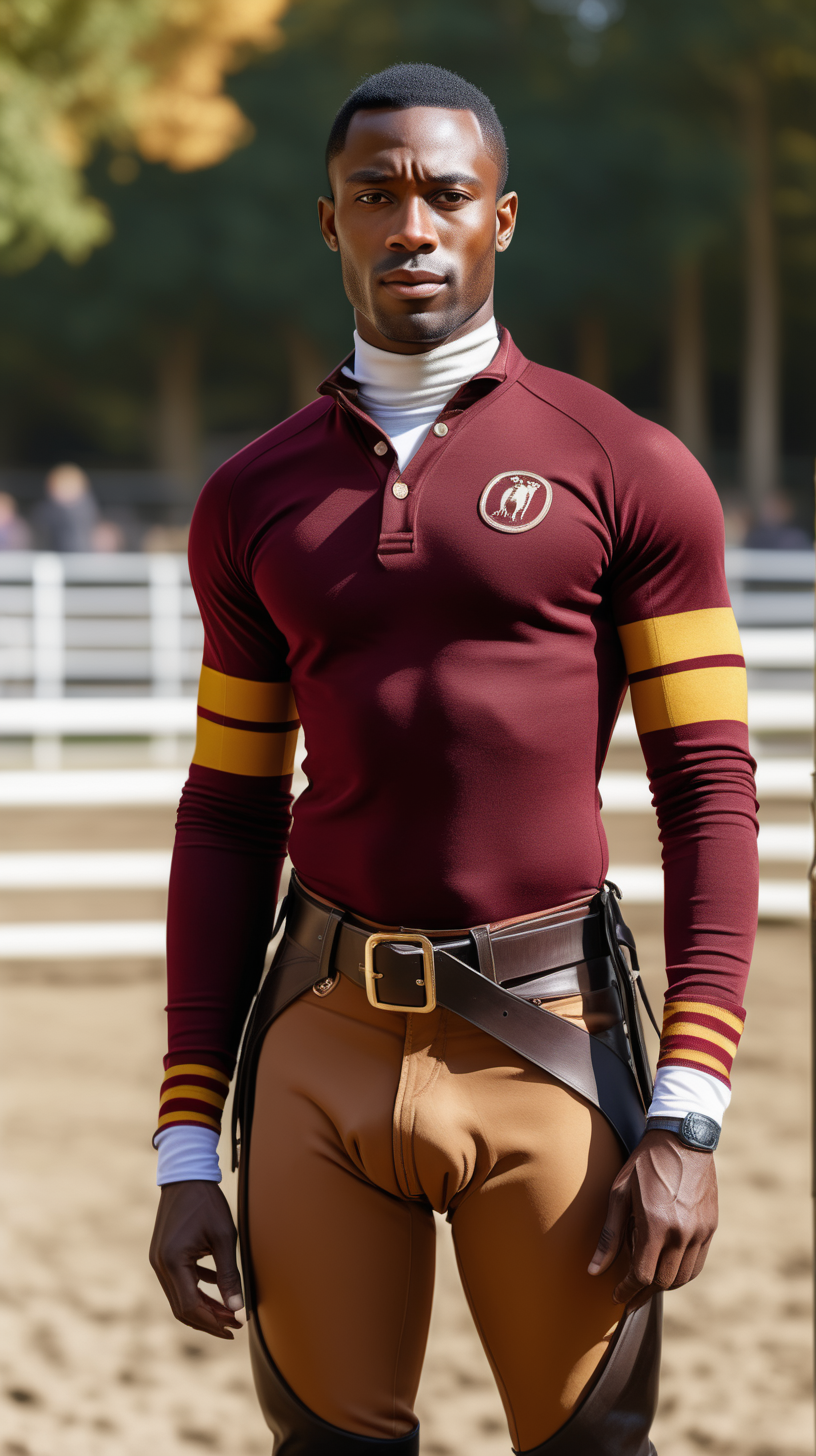 Handsome, slim Black man, wearing low cut hair, wearing a maroon and gold striped, long sleeve, jersey, with patches on the elbow, wearing khaki, riding chaps, in Ultra 4K, brightly lit, high definition, standing in a Horse park