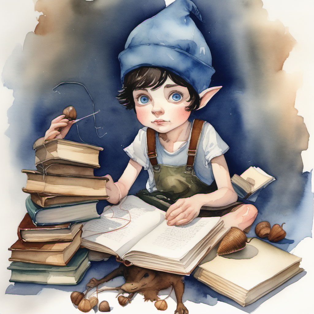A watercolor painting of a young dark haired pixie with blue eyes wearing an acorn hat who is doing busy with books and string trying to work out something difficult