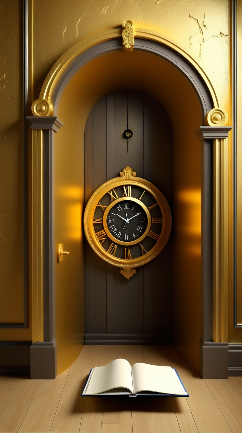 a mysterious portal also inside a room with golden wall with a notebook a clock 