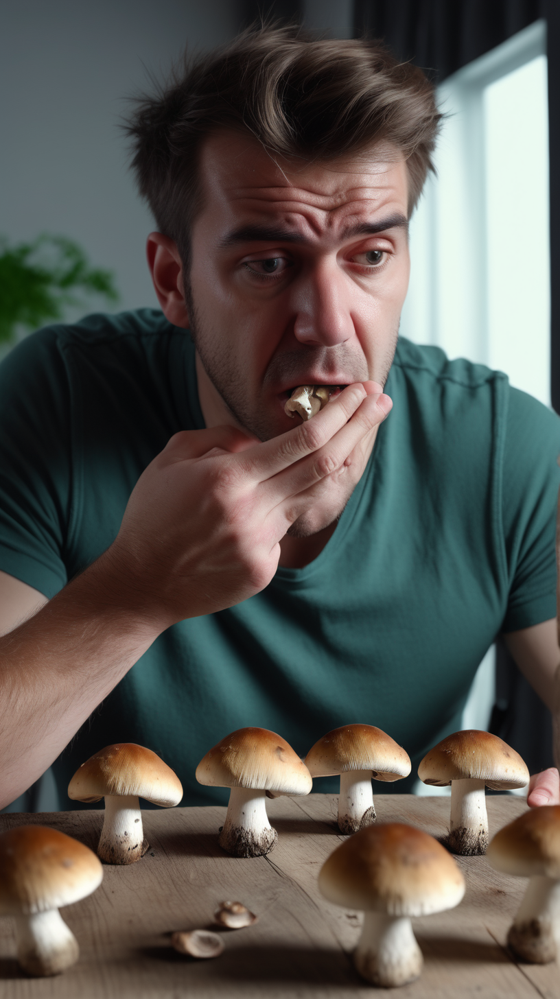 man regretting not eating mushrooms earlier 4k