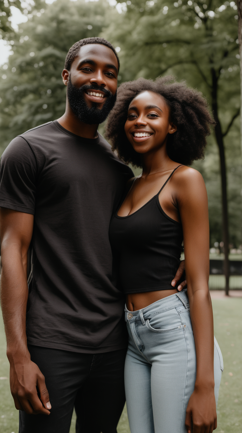 Black man with beard with Black Girlfriend in park