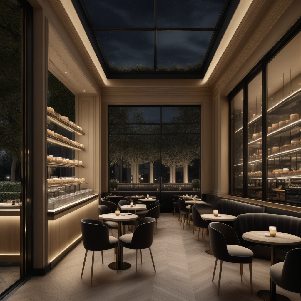 a hyperrealistic of a grand modern Parisian coffee shop at night with mood lighting,  floor to ceiling windows with a view of the gardens, in a beige oak and brass and black colour palette
