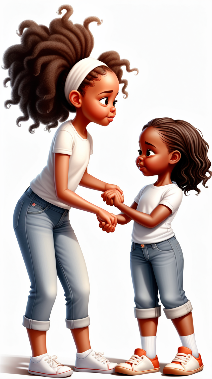 children's-book illustration: 

no-deformities; no-double-headed-characters.

White background behind 5-year-old, african-american girl, mahkai, and her mom. 


holding her hand: beautiful-hands, detailed-fingers. looking at each other. 

same clothing in each image. They are both wearing jeans and plain white t-shirts: 
vector art. 3d. natural, realistic looking. 

only two characters, mahkai and her mom only.

all whole-total-body-photos, from top-of-head-to-white-socks.

full-length portrait photo: showing white socks on both characters feet.

full body shot photo. show white socks on feet in each image.