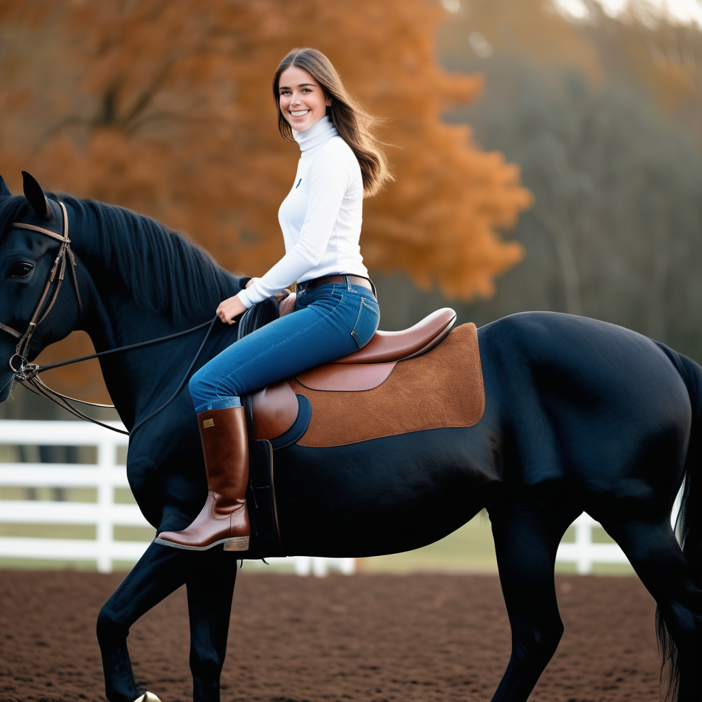 Using the same background in each frame, Emily Feld smiling, wearing a white polo neck and blue jeans and long brown riding boots riding a black horse