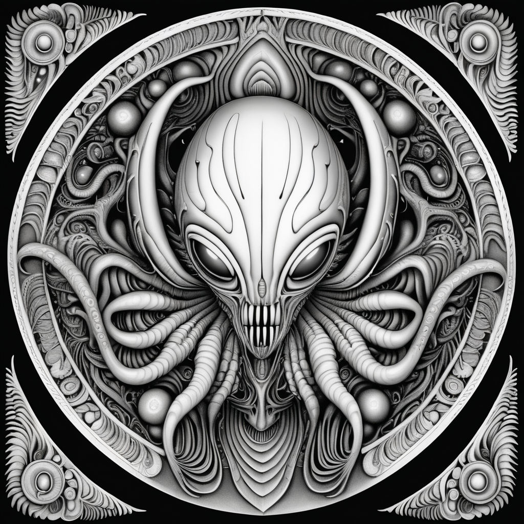 black & white, coloring page, high details, symmetrical mandala, strong lines, alien peach fruit with many eyes in style of H.R Giger