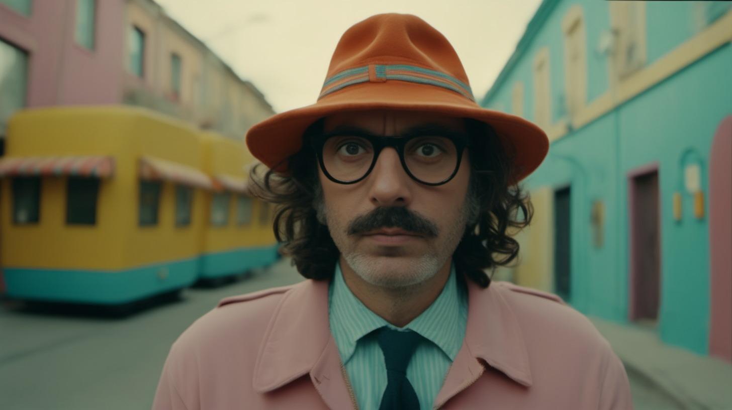 cinematic medium-wide-shot image using a 50mm lens of a film producer who looks like Hernan Bornas staring at camera in the style of a wes anderson film