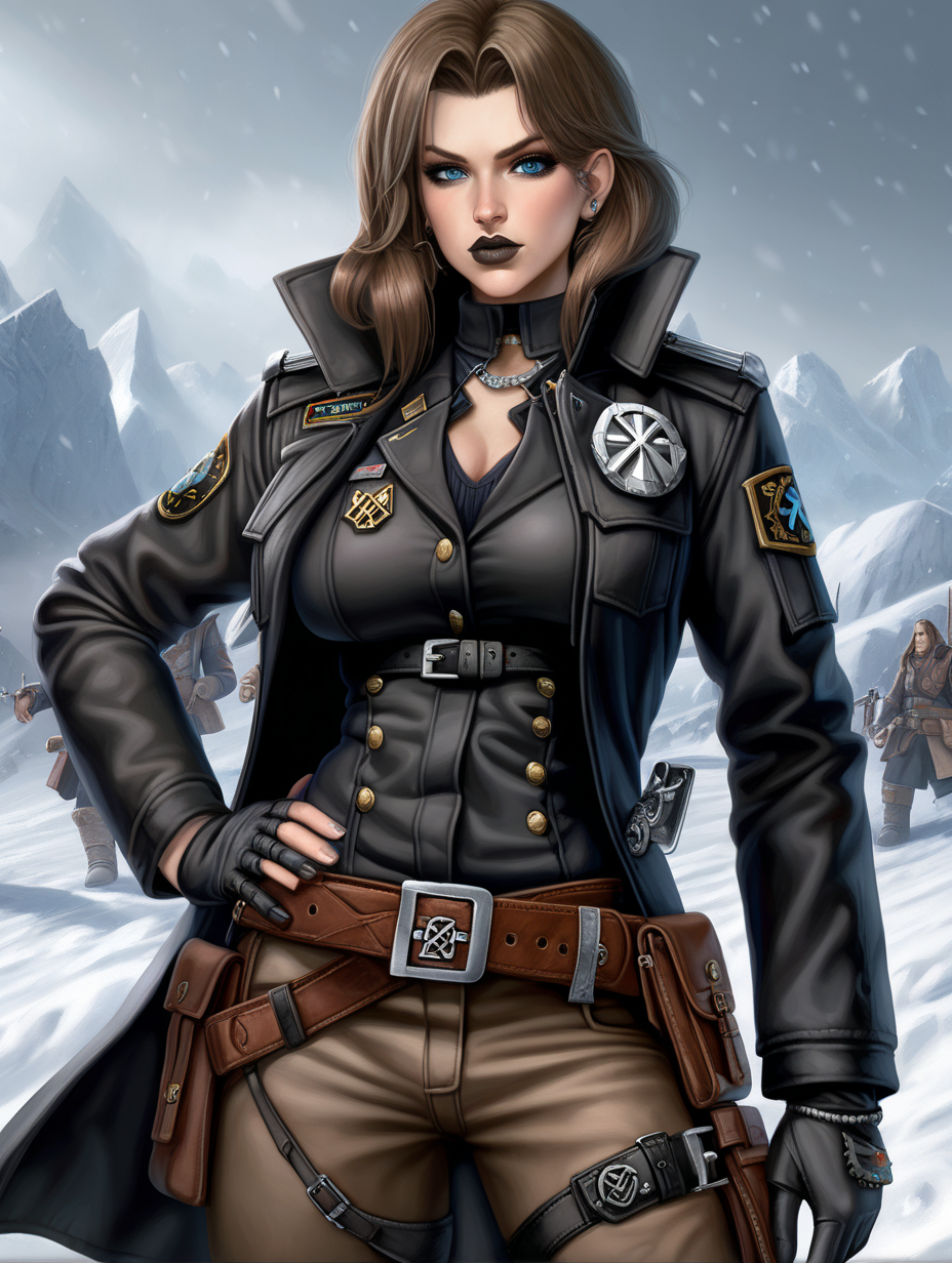Warhammer 40K young very busty Commissar woman. She has an hourglass shape. She has a very short hair style similar to what Maya, from Borderlands 2, has. Dark black uniform. Dark brown belt has a lot of pouches, grenades, and a black holster attached. Dark brown bandolier around waist. Her dark black uniform jacket fits perfectly and is closed up. She has a lot of eye shadow. Background scene is snowy trench line. She has icy blue eyes. Her uniform has Norse runes. She is wearing warm clothes. Valk nut rune is on collar of her black jacket. She has slightly faded greyish matte lipstick. Her uniform top is colored dark black and skin tight. She has faded brown hair. She is wearing skin tight mud brown colored pants.
