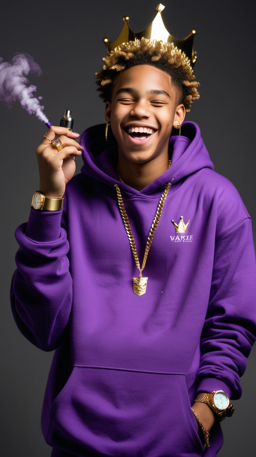 Black teen, wearing purple hoodie, holding a vape, laughing, wearing a gold watch, gold chains, and a crown
