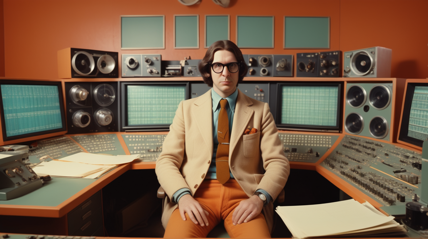 high quality cinematic portrait of a male film editor sitting at a large film editing desk from the 1970s  in the style of a wes anderson film