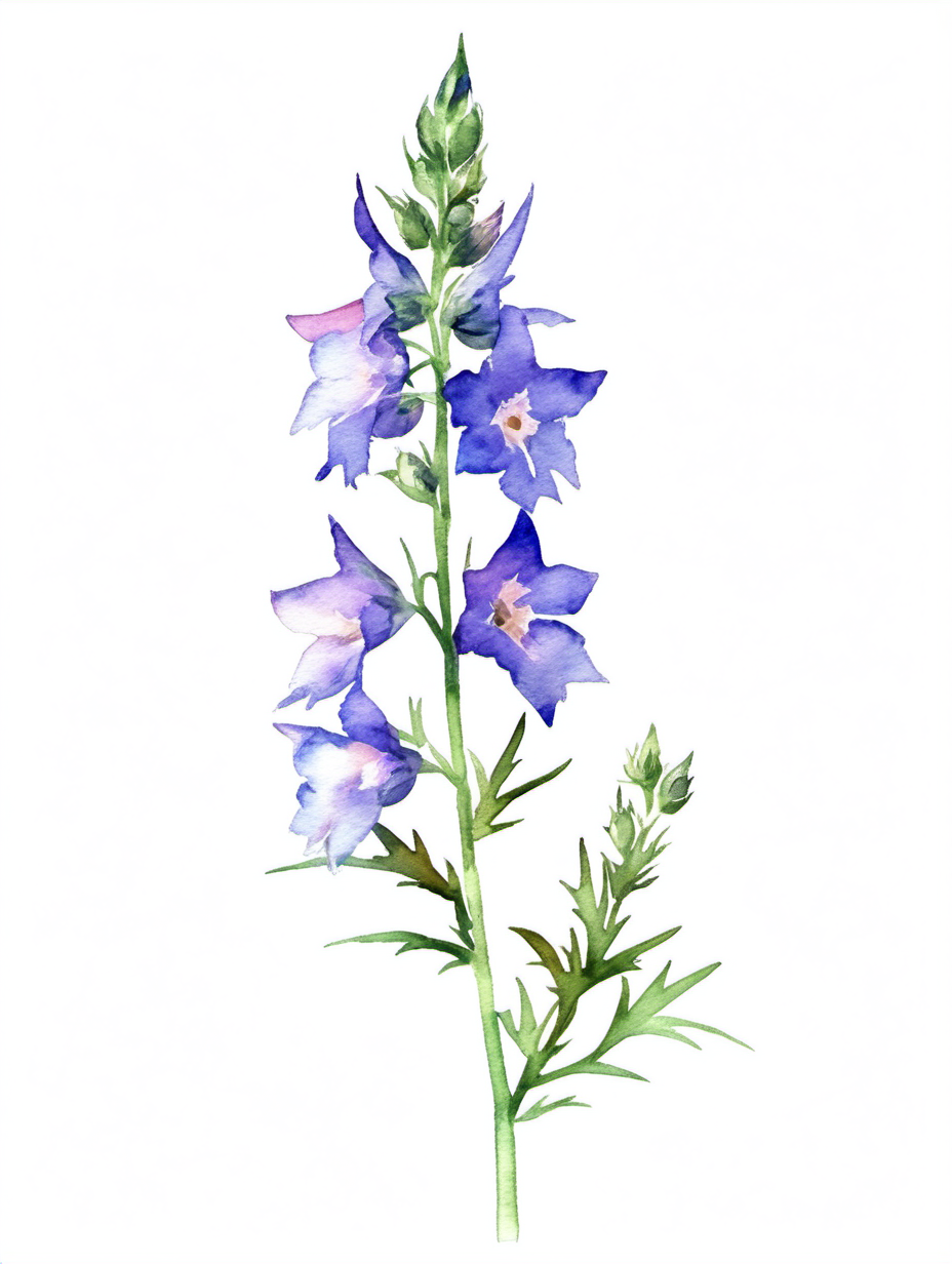 simple single larkspur watercolor style with a white