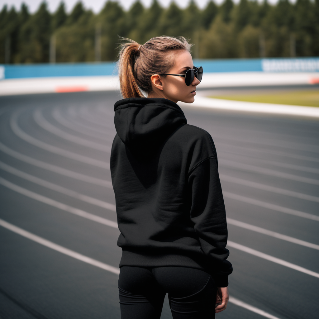 girl with sunglasses on and a black PLAIN hoodie facing away on a race track and shes standing 5 feet away