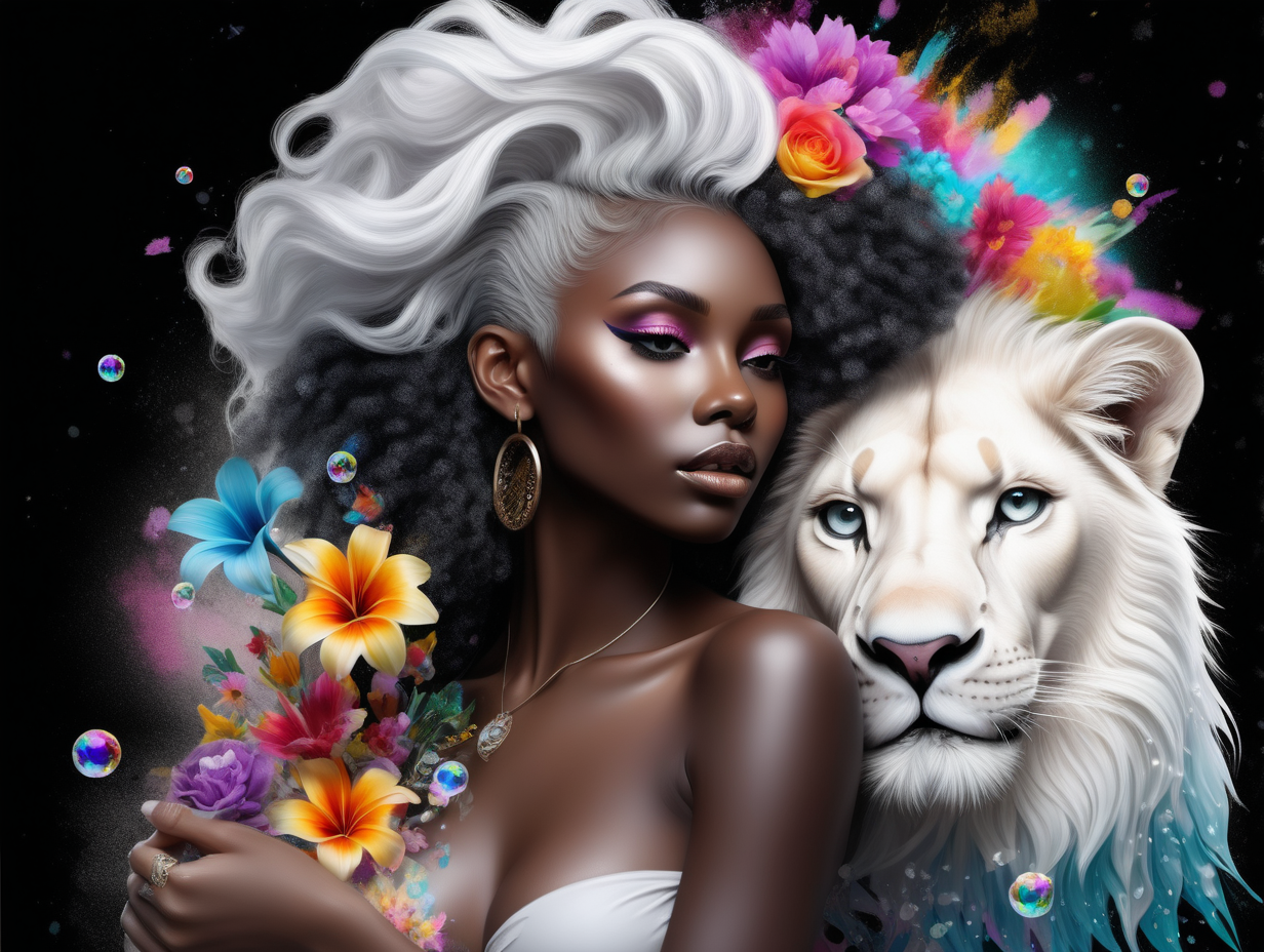 abstract exotic black Model with soft colorful flowers the colors blend into her hair. 
add She is holding a toy top
she is looking at realistic white 
lion
Add more crystal bubbles floating in the air
add tattoos