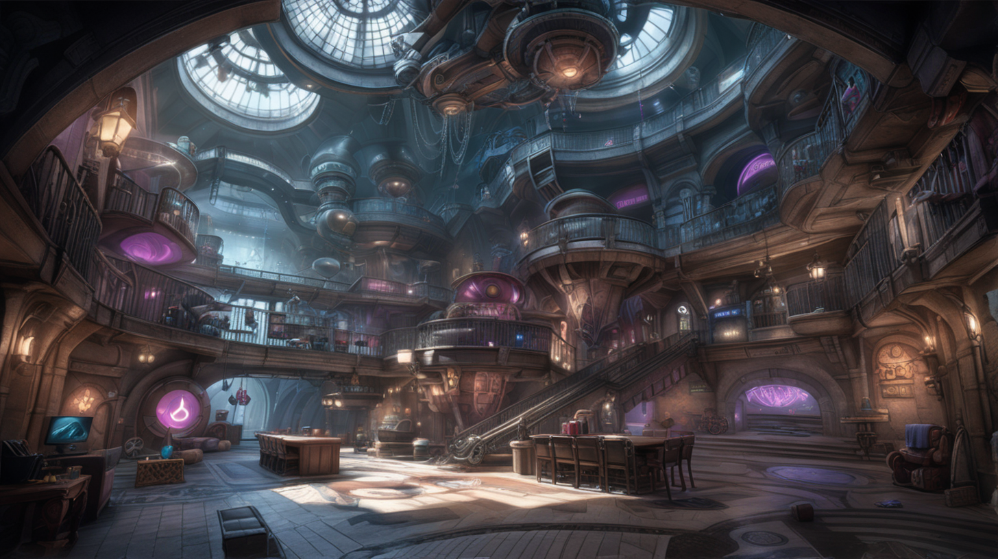interior location of Arcane movie like VI and Jinx practice scene. Included Items, weapons and toys for jinx. There is a hug  balcony overlooking the under ground of Arcane city. There is a hug fly machine in the middle of the place. The ceiling of the place is high and spacious. There are also heavy weapons and missiles. The place is considered old and messy, but it is arranged in the Jinx way. The place took a dynamic shape. The place is dirty. the place takes dark and  artificial lights.