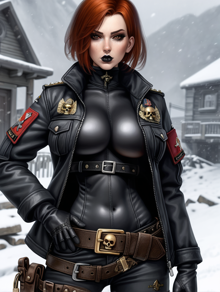Warhammer 40K young busty Commissar woman. She has an hourglass shape. She has an extremely short hairstyle that is eyebrow length haircut, that is similar to Maya's hairstyle, from Borderlands 2. Black belt has a lot of pouches. Black bandolier around her hips. Her dark black colored uniform jacket fits perfectly. Her jacket is waist length short with short sleeves. She has faded light black goth style makeup. Her jacket has Gold USMC emblems and gold colonel eagle rank insignias. All of her clothes are skin tight. She has faded matte black lipstick. She has tactical gloves on with USMC inspired embroidery all over them. USMC embroidery cover her epaulettes. She has a Marine Raiders unit Skull patch on her jacket sleeve. She has ghost pale skin. She has auburn colored hair. She is wearing a combat rig with a lot of pouches and shoulder straps. Background scene is a Nordic village in a snowing blizzard. She has black colored latex cargo pants that are skin tight. The pants are worn just above her crotch. She wears bandolier along with her belt. Her tight black latex turtleneck bodysuit top molds to her massive breasts perfectly. Her forearms are covered by her bodysuit sleeves.