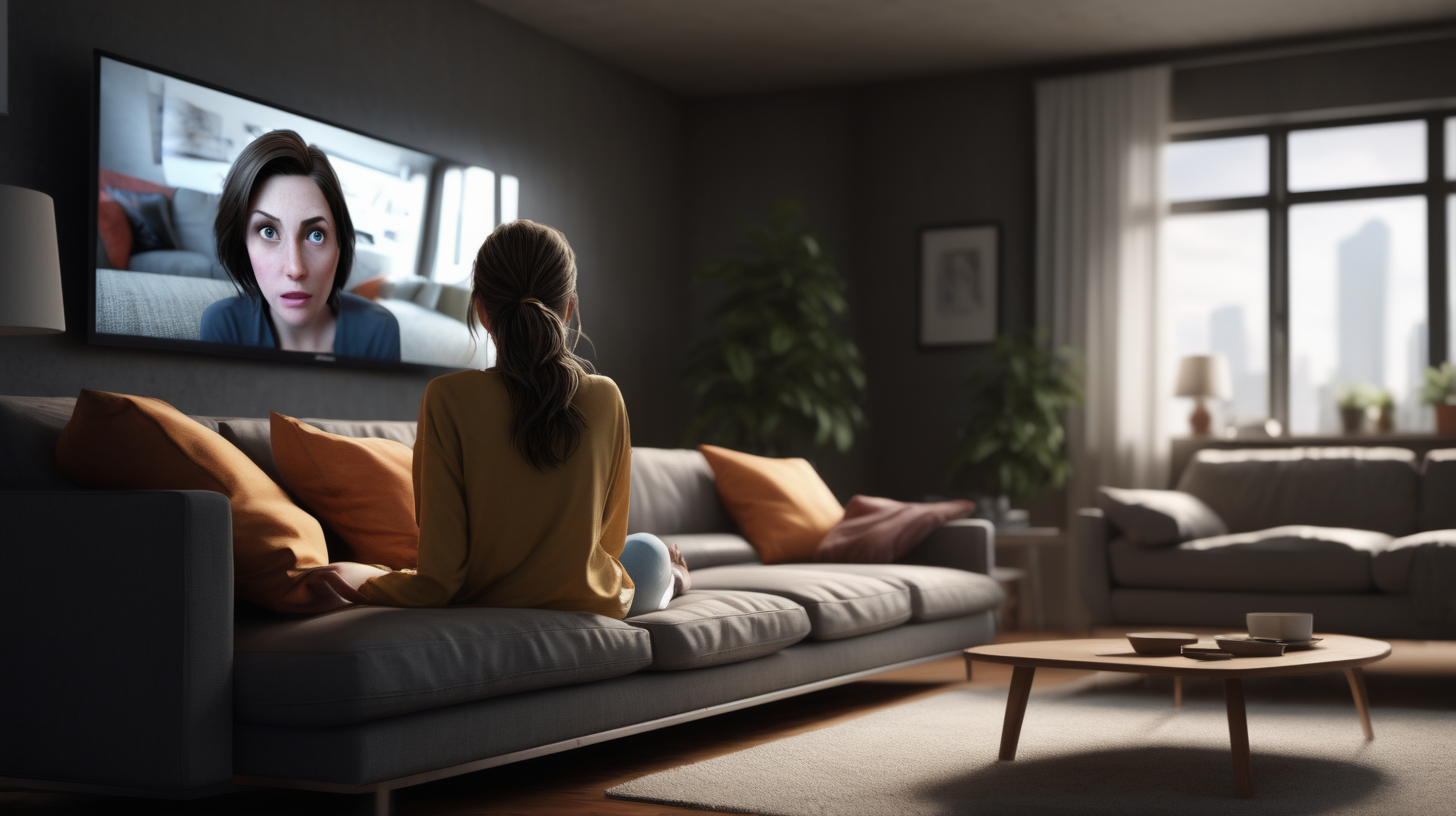 /imagine prompt: realistic, personality: [Illustrate the lady on the couch watching TV unreal engine, hyper real --q 2 --v 5.2 --ar 16:9