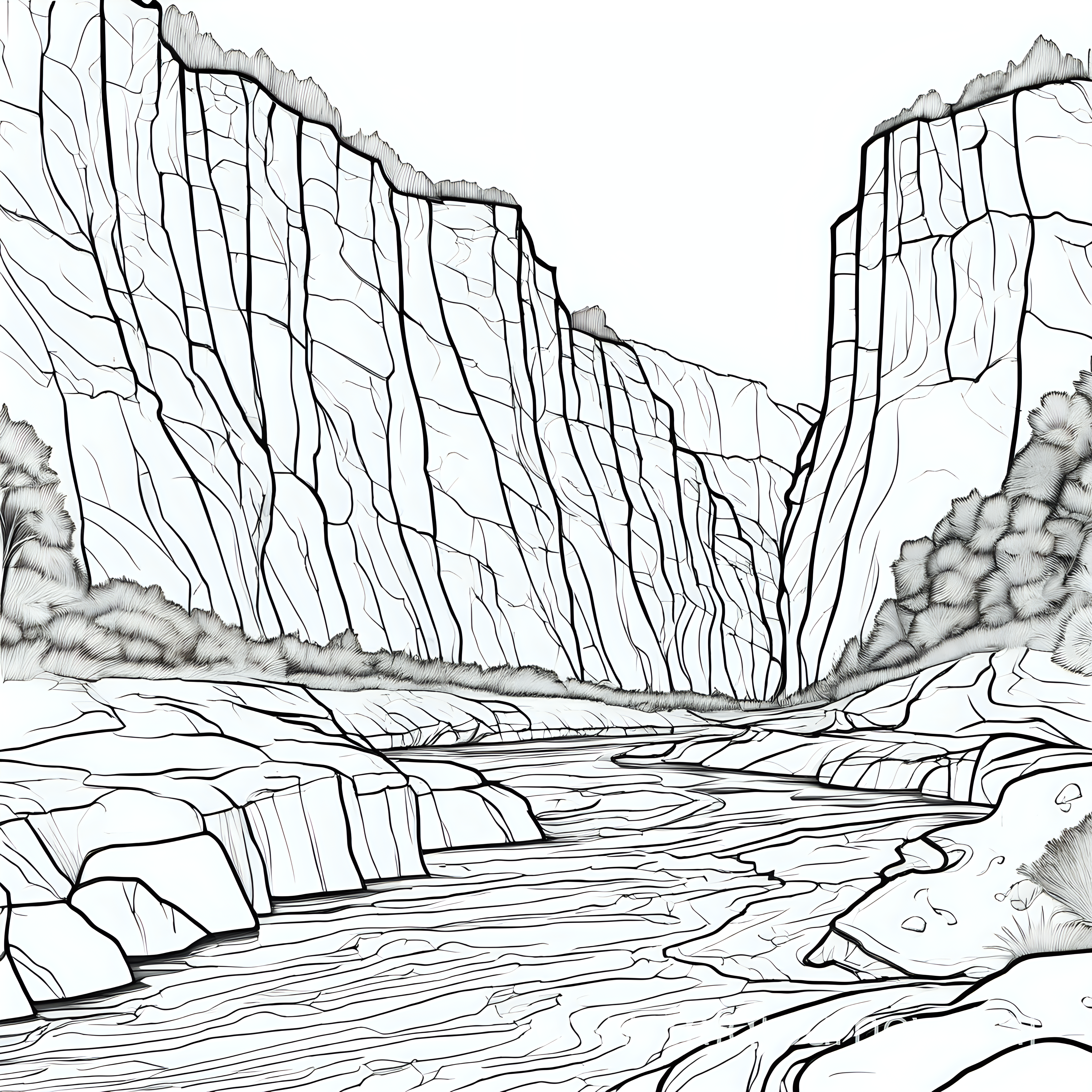a coloring page that shows erosion along a river back with steep cliffs, low details