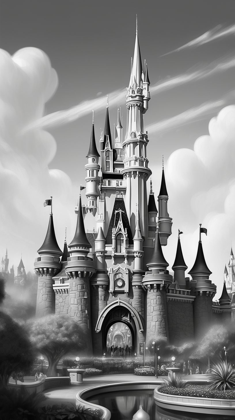 /imagine prompt : An realistic black and white
 drawing
Disneyland towers landscape
-no wood or coil
 The image in high resolution and a 16:9 aspect ratio, –ar 9:16 –v 5.2 –style raw
