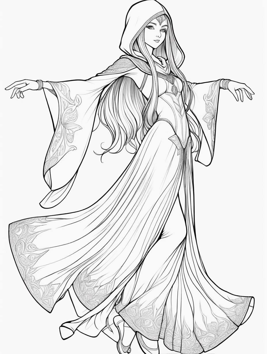 a coloring page page, clean line art, 2D,  white background,  anime manga style, a full body head to toe image of a female elven traveler dressed in a long dress with a hood, dancing similar to ballet, long hair that shimmers with glitter