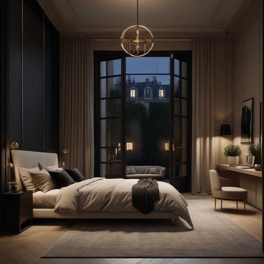 a hyperrealistic image of a grand modern Parisian  bedroom at night with mood lighting, floor to ceiling window and doors opening to the private courtyard in beige, oak, black and brass with modern brass pendant lights 

