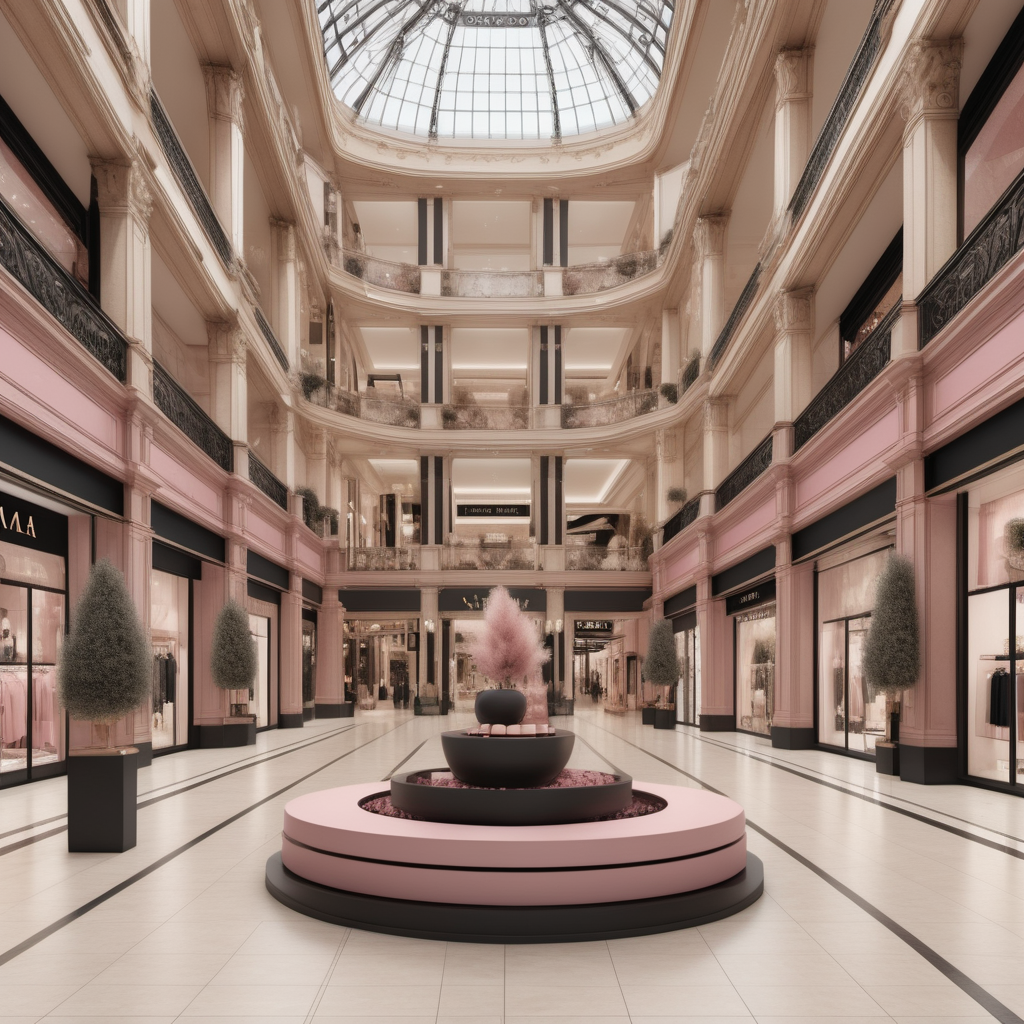 A hyperrealistic image of a palatial modern Parisian mall in a beige oak brass colour palette with accents of black and dusty rose, with beautiful high-end stores
