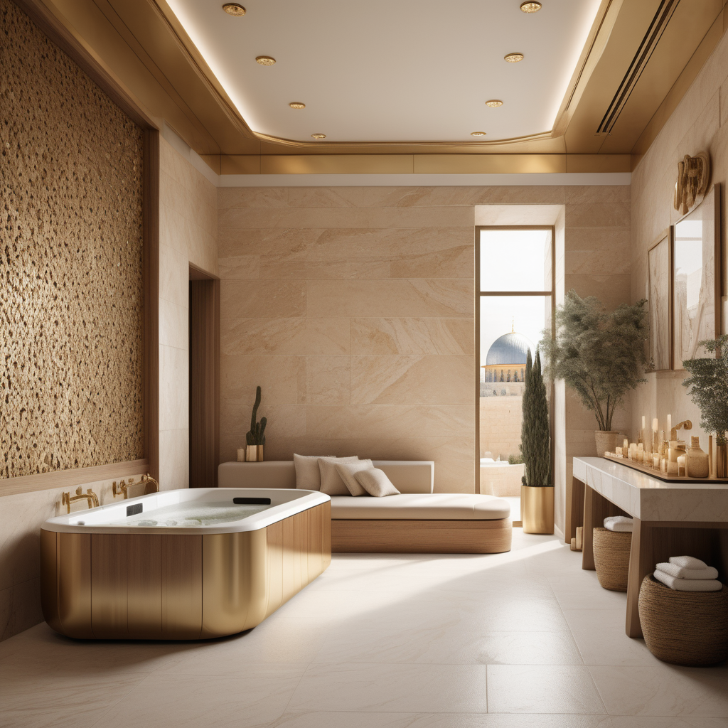 a hyperrealistic image of a grand modern Jerusalem-inspired estate home spa room; Beige, oak, brass colour palette; 
