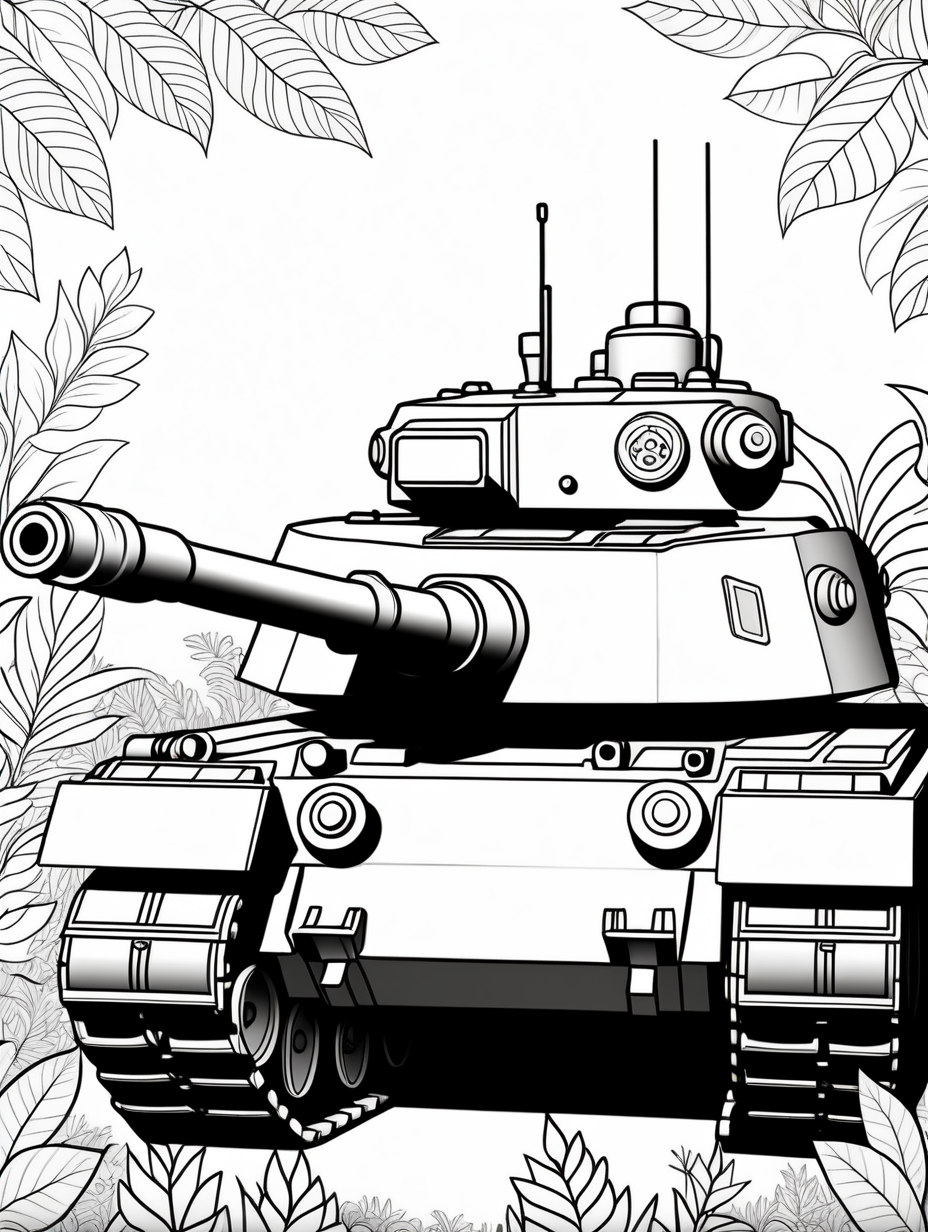 no shading, army tank, Botanical Motif background, outline drawing, unfilled patterns, black and white, coloring book page,  clean line art, line art, no shading, clear edges, coloring book, black and white, no color, line work for coloring