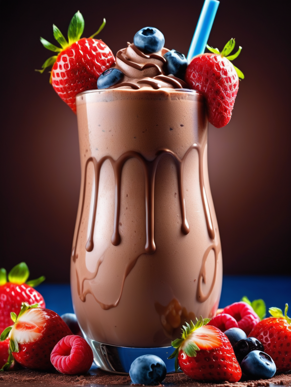 The image features a close-up of a glass filled with a delicious chocolate milkshake. The milkshake is topped with a variety of fruits, including strawberries, blueberries, and raspberries. The fruits are arranged in a visually appealing manner, with some of them partially submerged in the milkshake. The combination of the rich chocolate milkshake and the vibrant colors of the fruits create an enticing and mouth-watering scene.