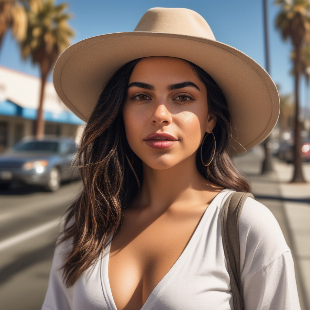 Create a uniquely artistic dressed ordinarie looking woman by the name Sophia Rodriguez in a typical Californian environment. No hat and no smile. 