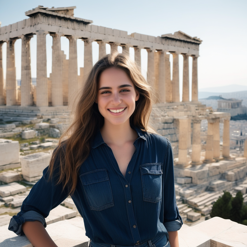 Using the same setting and attire, produce a smiling Emily Feld dressed in a long, dark blue blouse and jeans,  standing on the Acropolis in front of the Parthenon