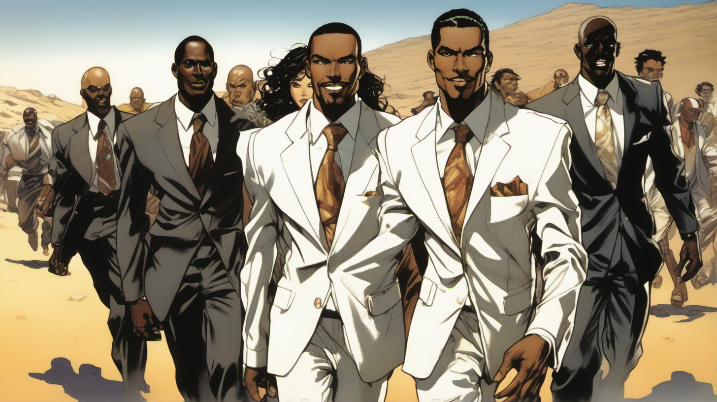 three black men, with a smile leading a group of gorgeous and ethereal white,spanish, & black mixed men & women with earthy skin, walking in a desert with his colleagues, in full American suit, followed by a group of people in the art style of Noriyoshi Ohrai comic book drawing, illustration, rule of thirds