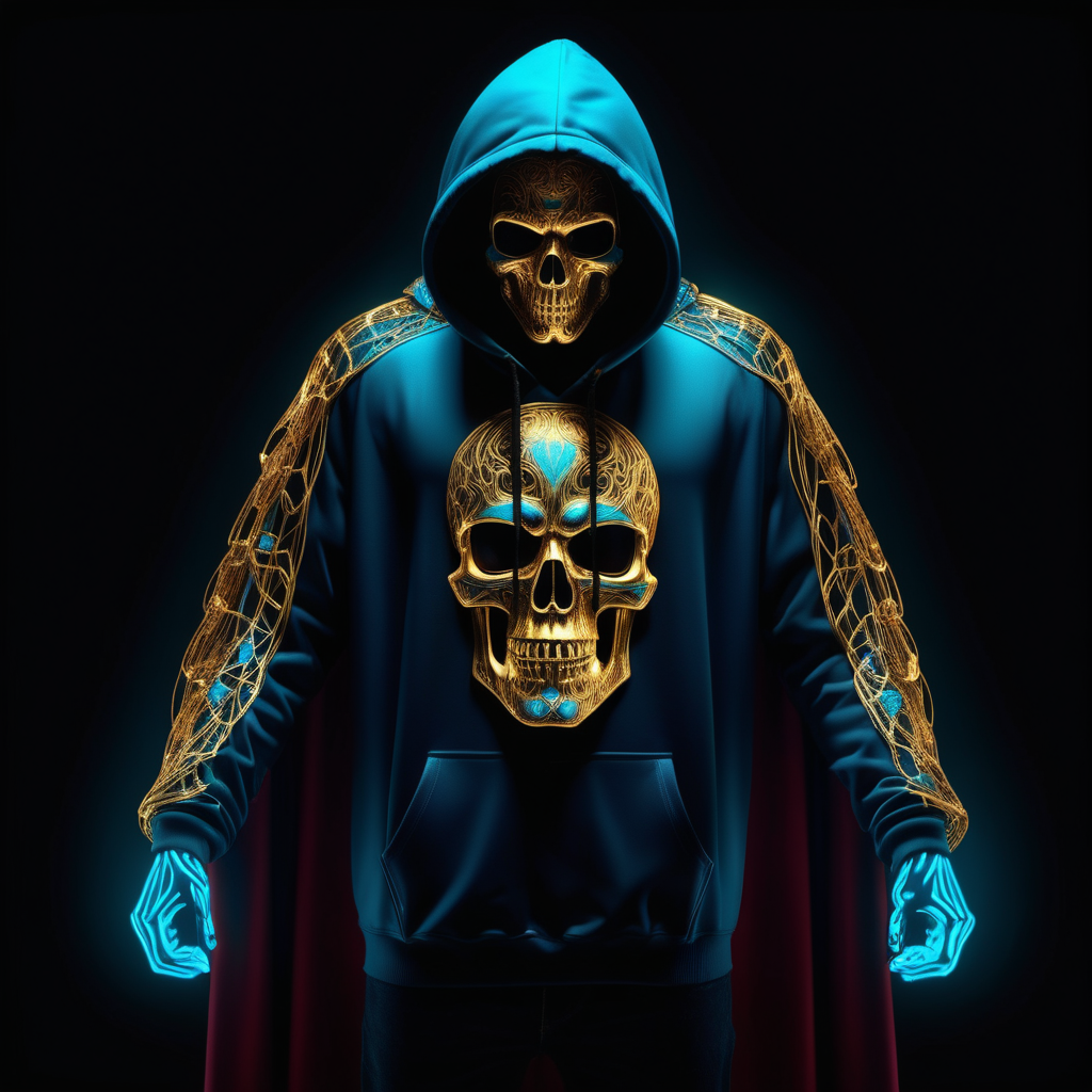 a dark man wearing a gold hoodie has light at the end of his black cape in the style of skull motifs, dark blue and dark red cyan, made of wire  32k uhd, airbrush art glowing neon