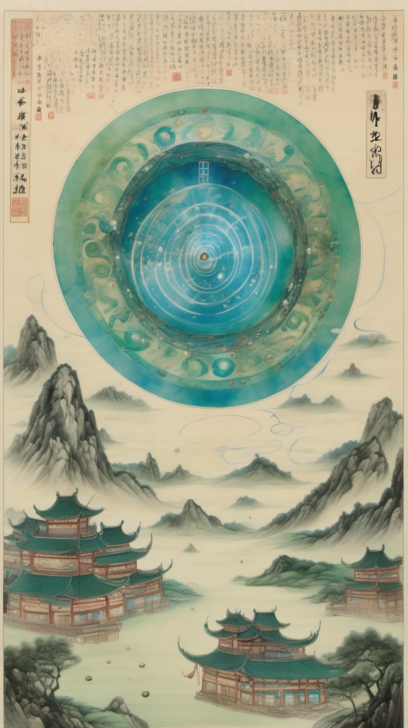 chinese gongbi drawing, with traversable wormhole, other worldly scenery, cosmos, quail eggs, greenblue mountain, hologram