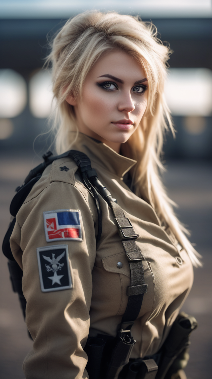 Beautiful Nordic woman, very attractive face, detailed eyes, big breasts, dark eye shadow, messy blonde hair, wearing a modern military cosplay outfit, bokeh, soft light on face, rim lighting, facing away from camera, looking back over her shoulder, standing on a military base, photorealistic, very high detail, extra wide photo, full body photo, aerial photo