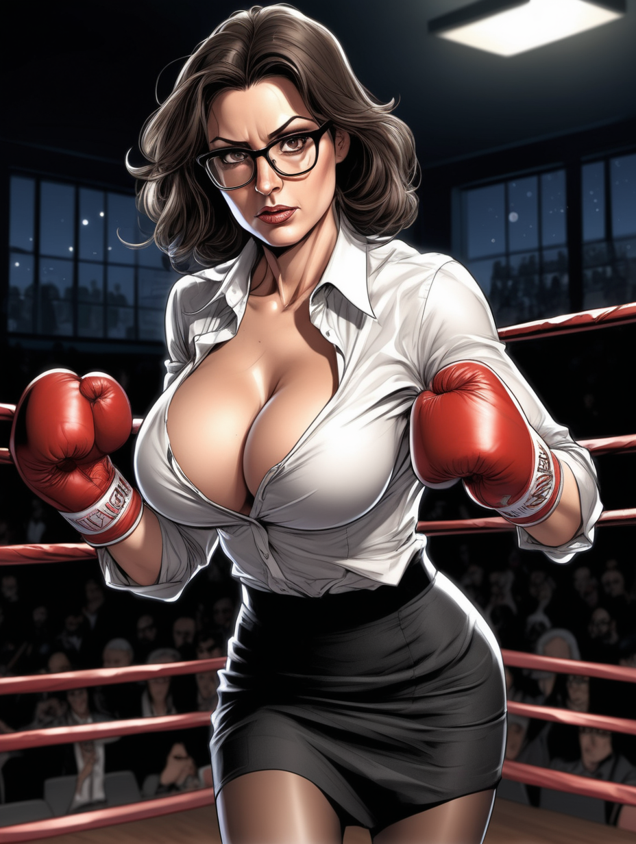 Beautiful, mature, brunette woman, teacher, glasses, [ripped open] shirt, breasts exposed, innocent [Detailed comic book art style] boxing,  night, flowy black skirt, pantyhose