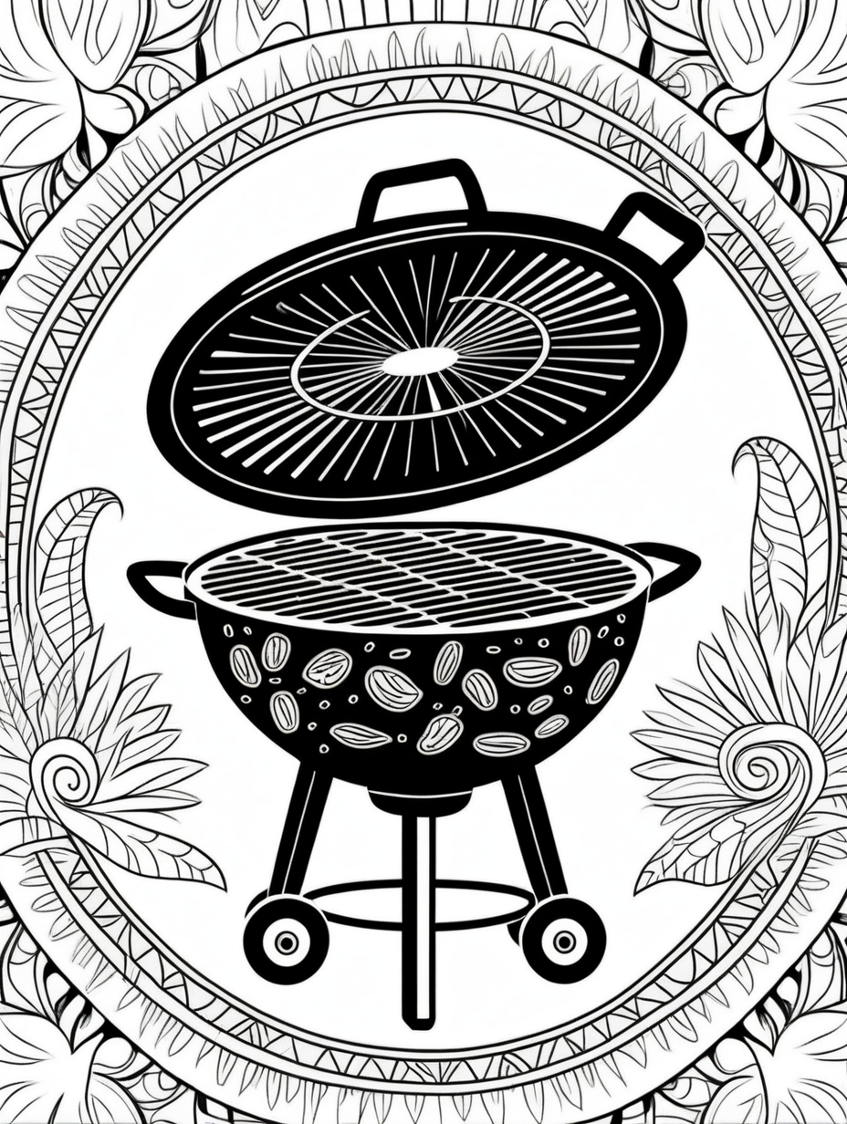 bbq grill inspired mandala pattern, black and white, fit to page, children's coloring book, coloring book page, clean line art, line art, no bleed