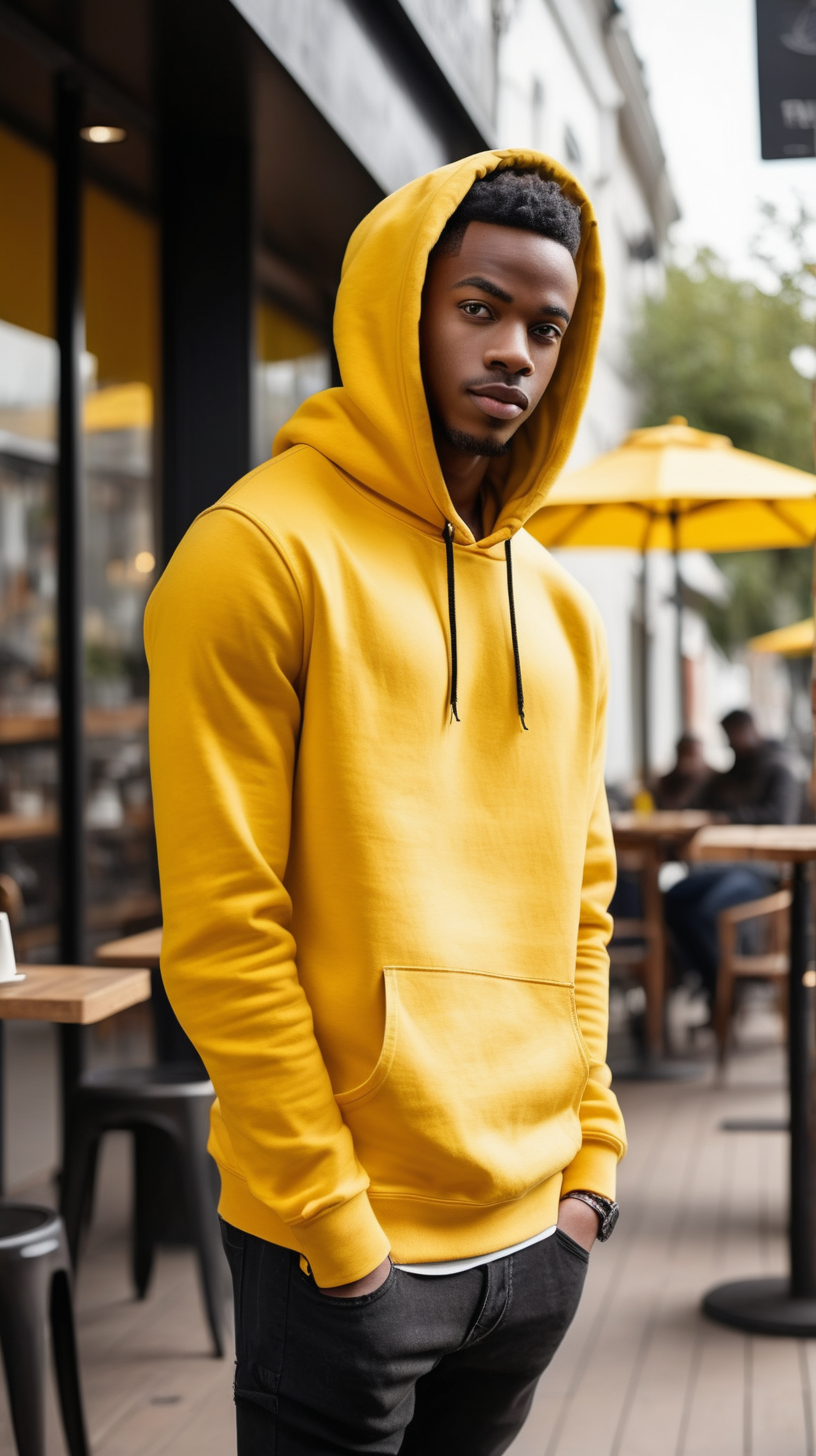 Attractive young Black, man, slim build, auburn, low haircut, wearing a canary yellow, hooded sweatshirt, wearing dark brown denim, standing in a outdoor cafe