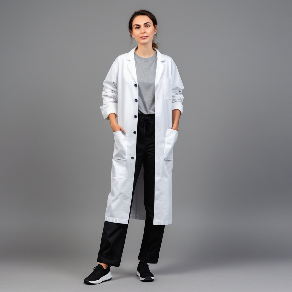 woman Factory worker, white long doctor coat with pockets, gray t-shirt, black canvas trousers