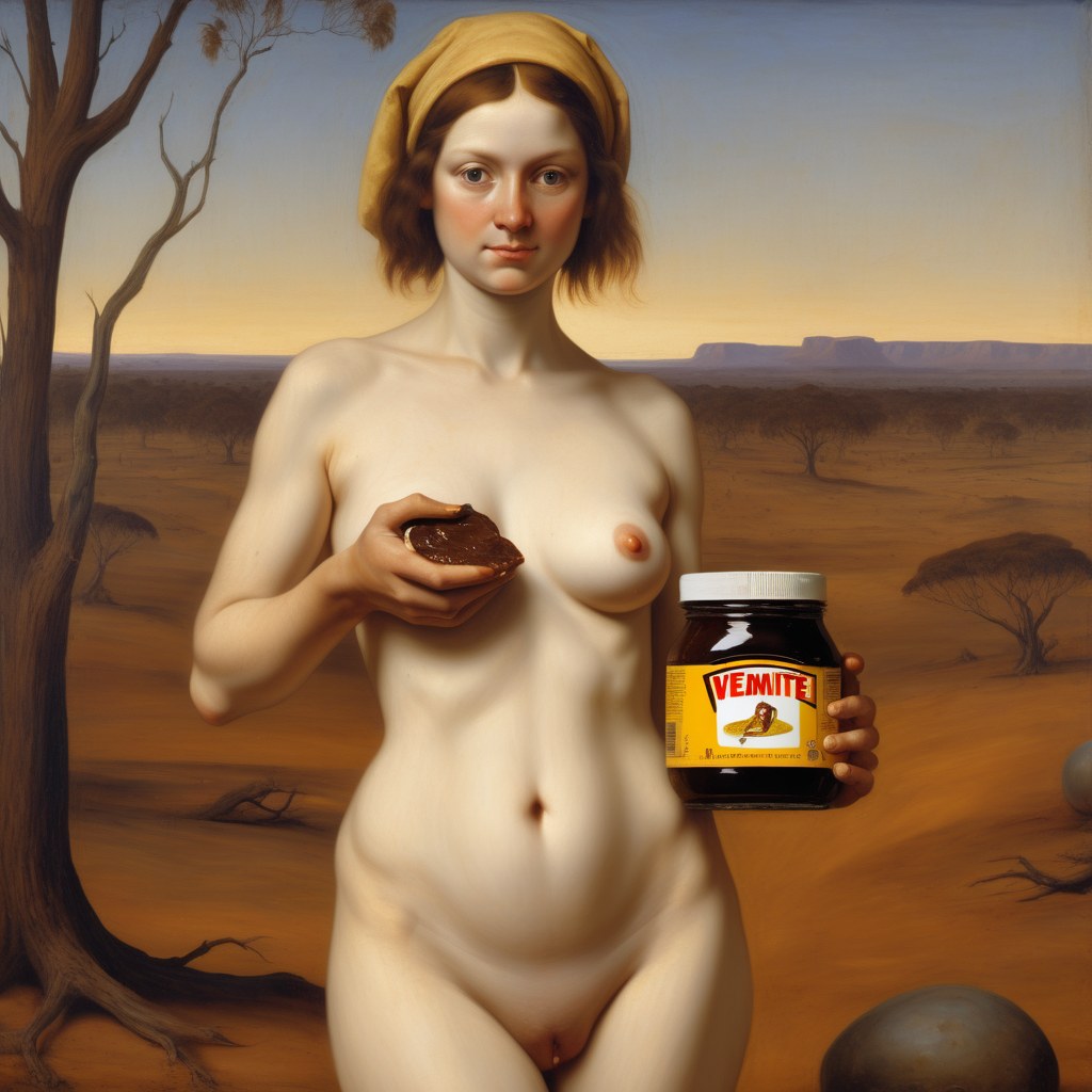 a renaissance painting of a naked woman with a round face in the Australian outback holding a jar of vegemite