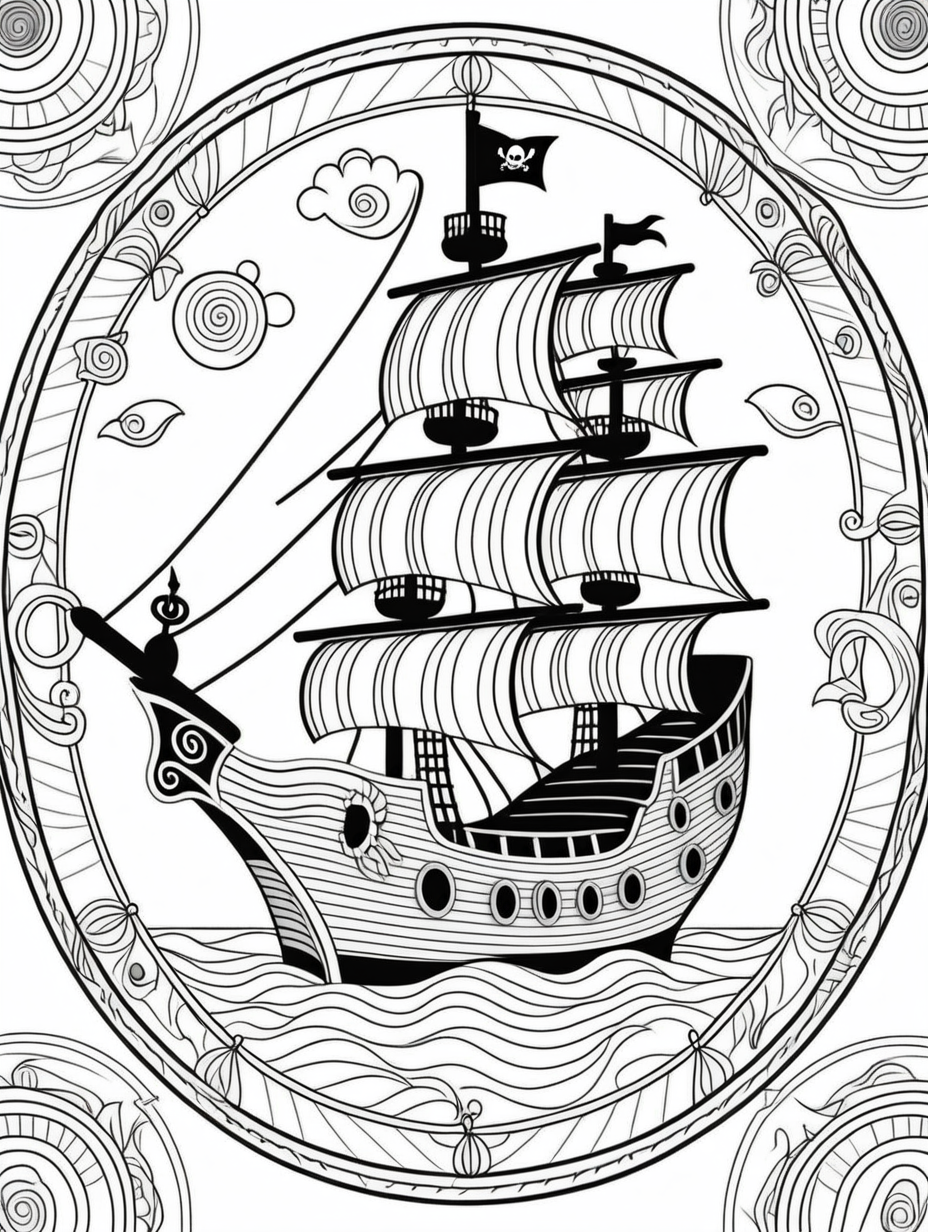 pirate ship inspired mandala pattern, black and white, fit to page, children's coloring book, coloring book page, clean line art, line art, no bleed